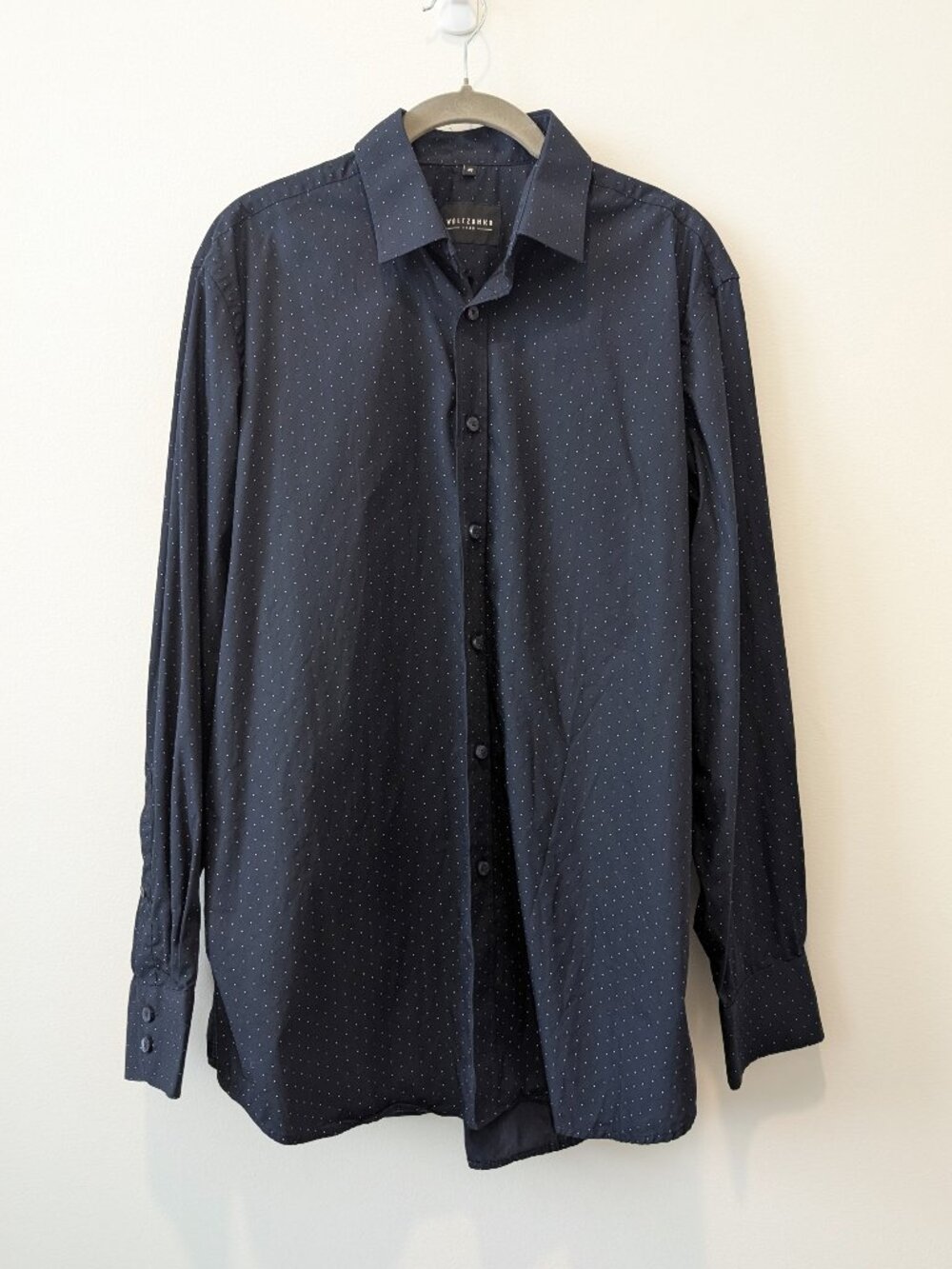 Wólczanka Navy Pin Dot Dress Shirt | EU Size 41, US 16 Collar